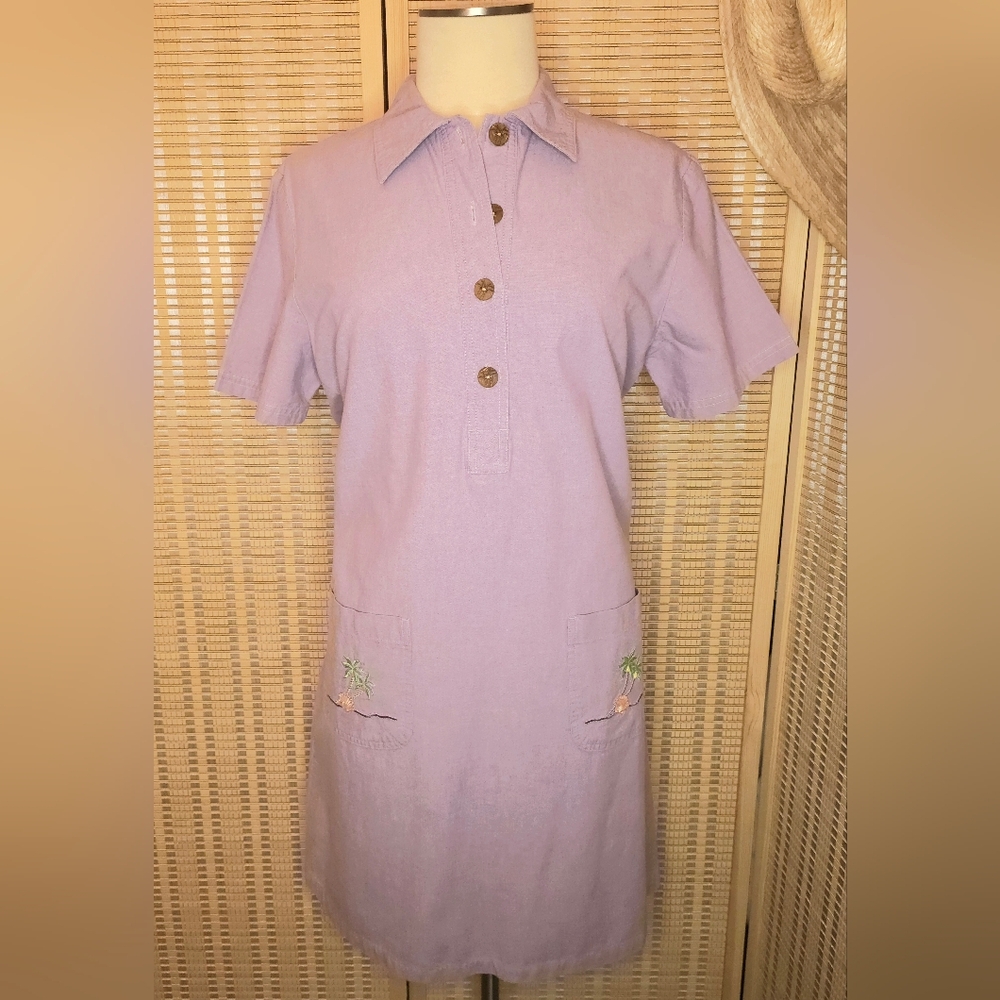 Vintage 100%Cotton Chambray Shirt Dress, Cute Palmtree/Shell Embroidered Pockets